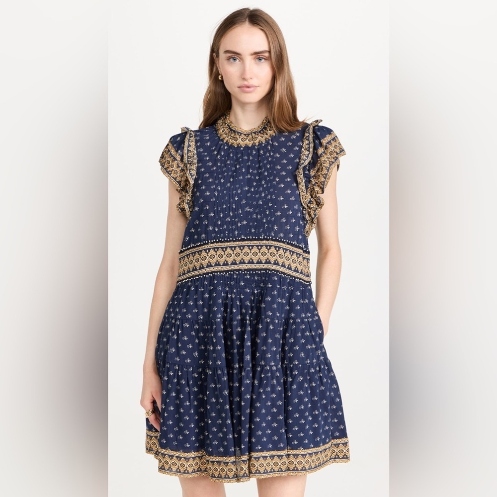 New! Sea New York Arlita Print Navy and Gold Flutter Tunic Mini Dress 💙 XS - Picture 6 of 8